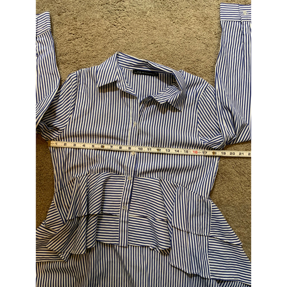 FX JC Women's Blue White Striped Peplum Collared Button Down Shirt Med High Low - Picture 8 of 13